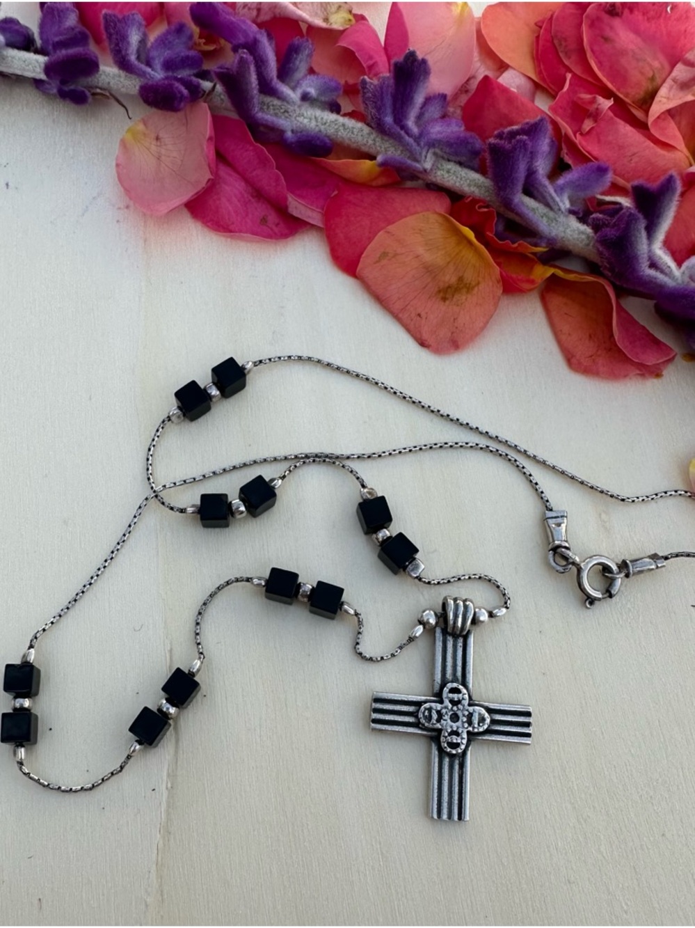 Silpada Sterling-silver  onyx Bead Cross Necklace 17” long
